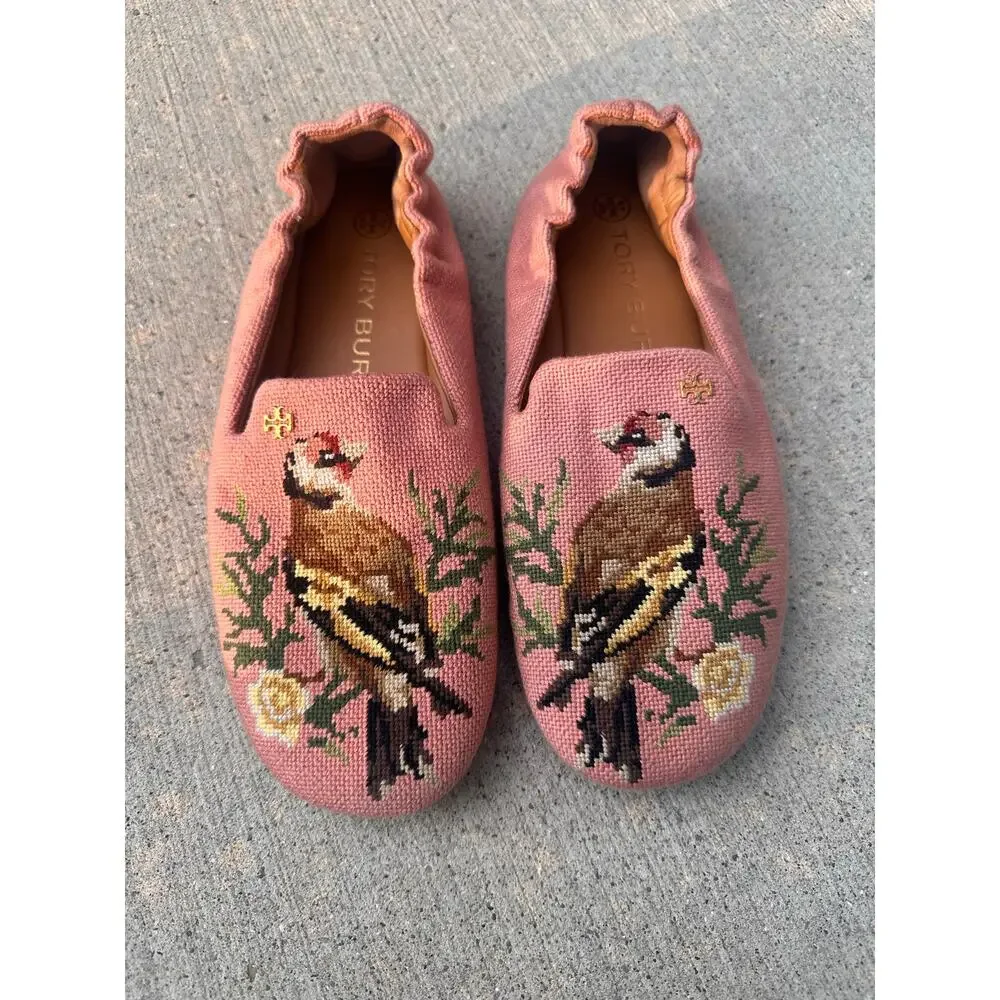 TORY BURCH Soft Smoking Slipper Pink Needlepoint Bird and Floral Motif 7.5 ~ New